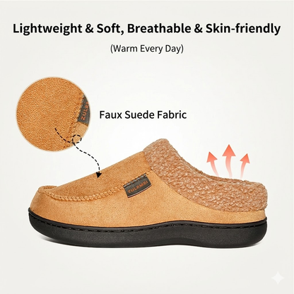 Auldweave Men’s warm wide fit winter slippers. Brown slipper with text highlighting features on a white background