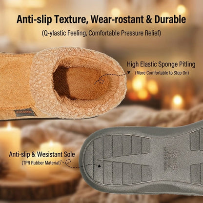 Auldweave Men’s warm wide fit winter slippers. Close-up of a slipper with text highlighting anti-slip texture, wear-resistance, and durable sole.