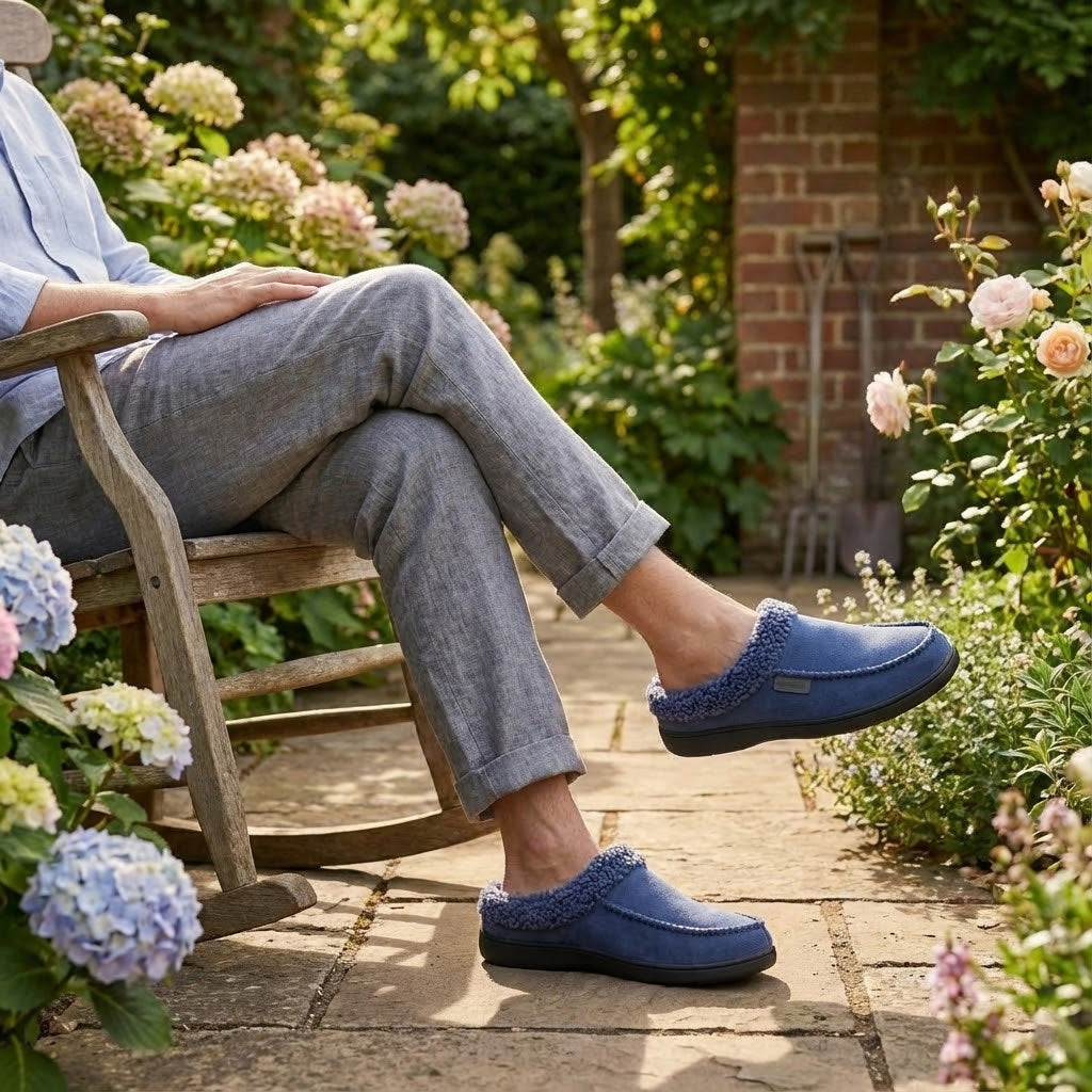Auldweave Men’s warm wide fit winter slippers. Person sitting on a wooden chair in a garden wearing blue slippers.