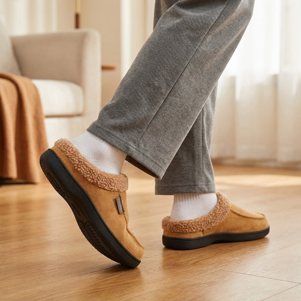 Auldweave Men’s warm wide fit winter slippers. Person wearing brown slippers on a wooden floor with a blurred background