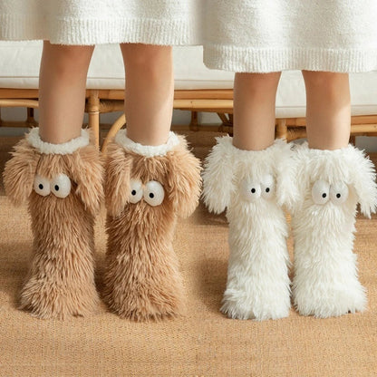 Fluffy dog slipper socks – tan and white pairs together