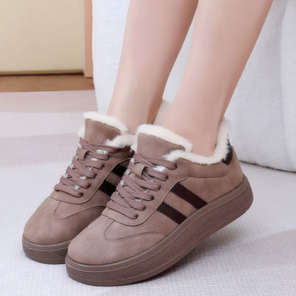 Auldweave women's fleece-lined suede trainers – taupe trainers worn in a close-up view