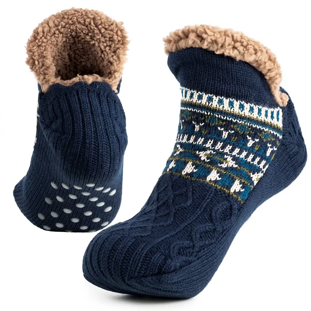 Auldweave unisex ultra-warm fleece-lined slipper socks – navy pair in front and sole views