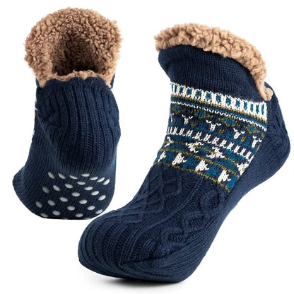 Auldweave unisex ultra-warm fleece-lined slipper socks – navy pair in front and sole views