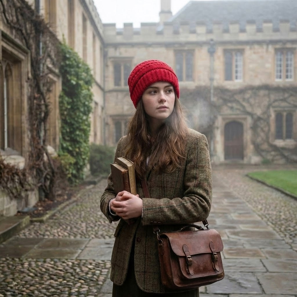 Cable-knit winter beanie – burgundy beanie worn outdoors