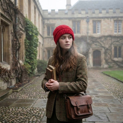 Cable-knit winter beanie – burgundy beanie worn outdoors