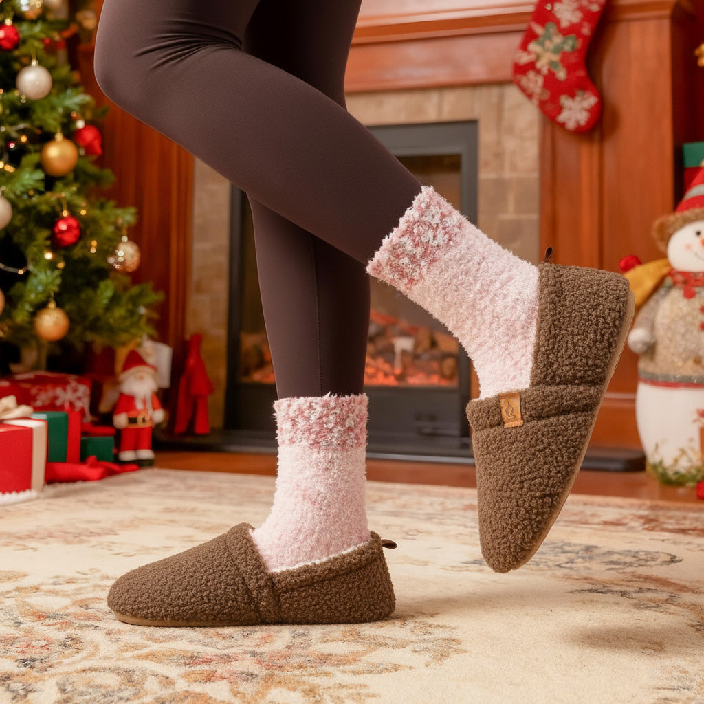 Auldweave women's warm shearling slippers – brown slippers worn by a fireplace