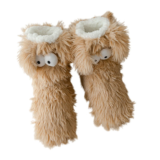 Fluffy dog slipper socks – tan pair with puppy eyes and ears