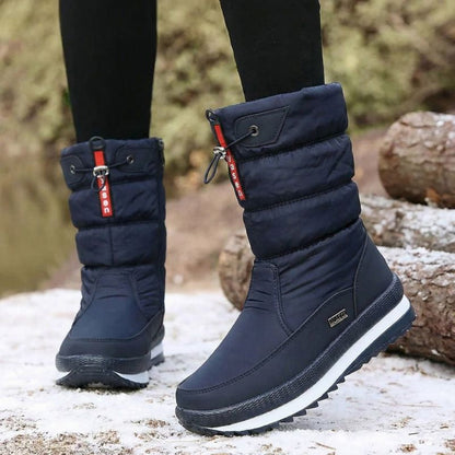 Auldweave women's waterproof mid-calf snow boots – navy boots worn in snow