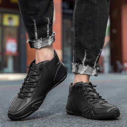 Unisex leather boots with wide toe design and adjustable ankle strap
