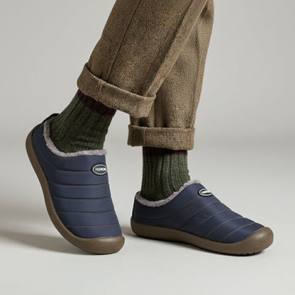 Fleece-lined winter clogs – navy pair worn with socks
