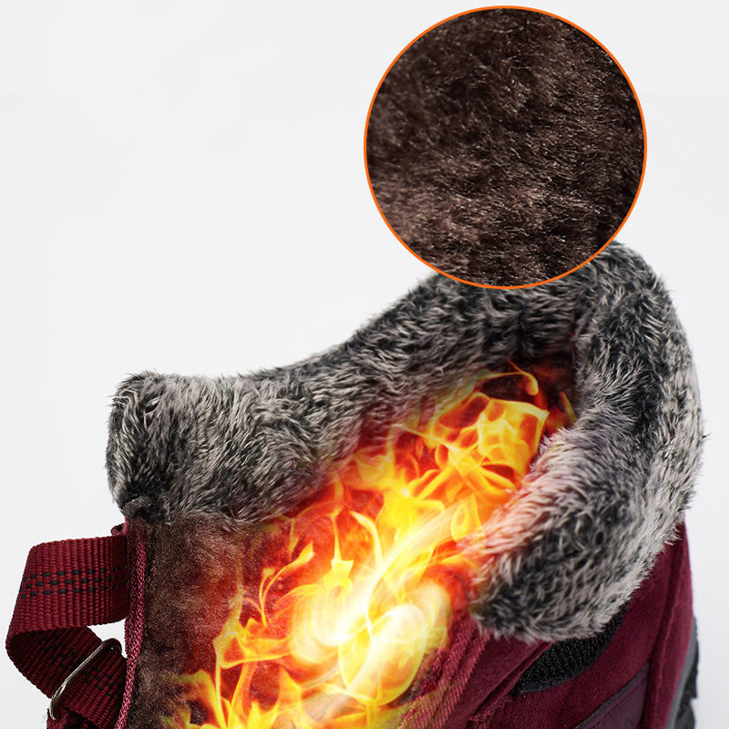 Close-up of a winter boot fleece collar with a warmth illustration