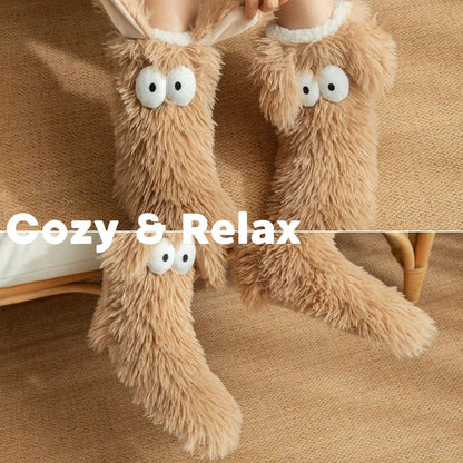 Fluffy dog slipper socks – tan pair with cosy comfort graphic