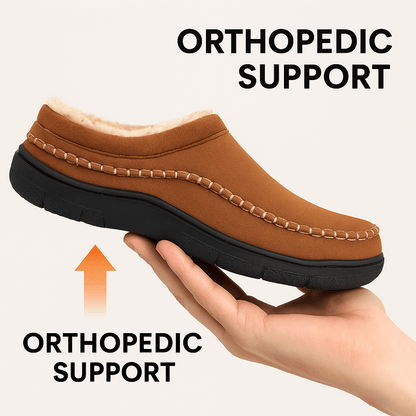 Brown moccasin slipper shown with a cushioning and support illustration