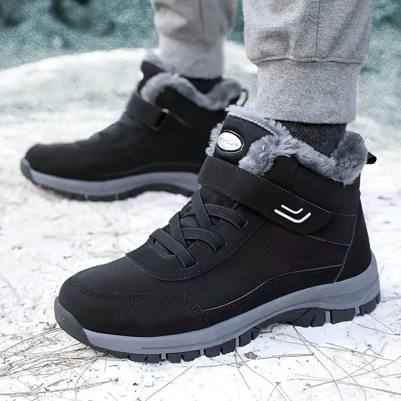 Close-up of black winter boots showing the ankle straps and laces