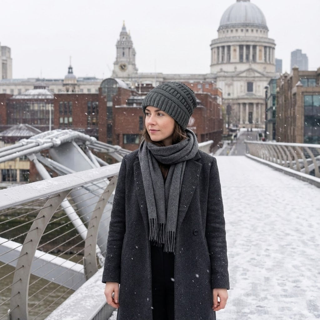 Cable-knit winter beanie – grey beanie worn near St Pauls