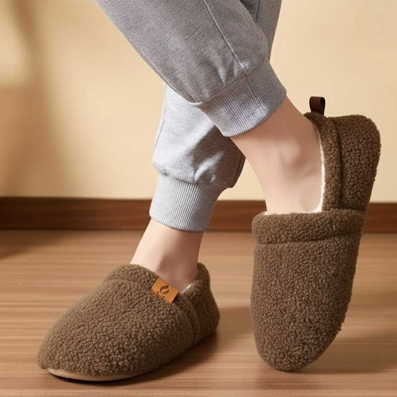 Auldweave women's warm shearling slippers – brown slippers worn from the front