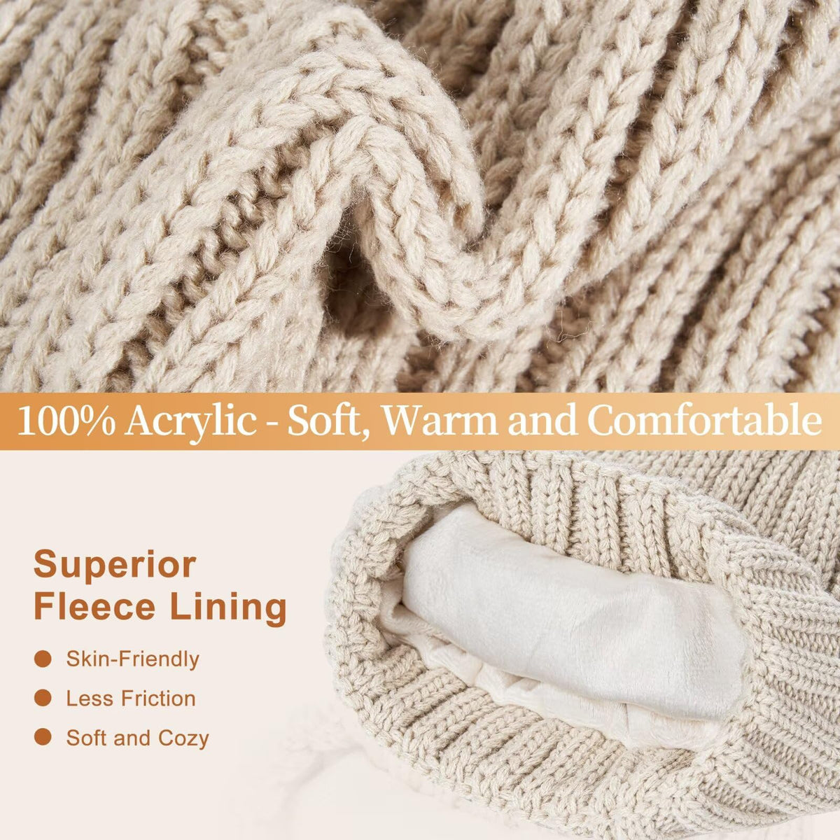 Winter hat scarf and glove set – knit and fleece lining close-up