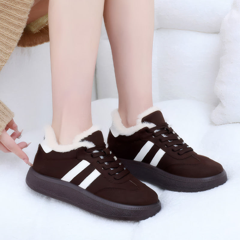 Auldweave women's fleece-lined suede trainers – dark brown trainers worn from the side