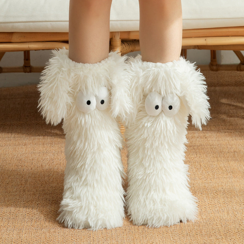 Fluffy dog slipper socks – white pair front view on feet