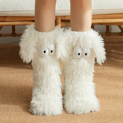 Fluffy dog slipper socks – white pair front view on feet