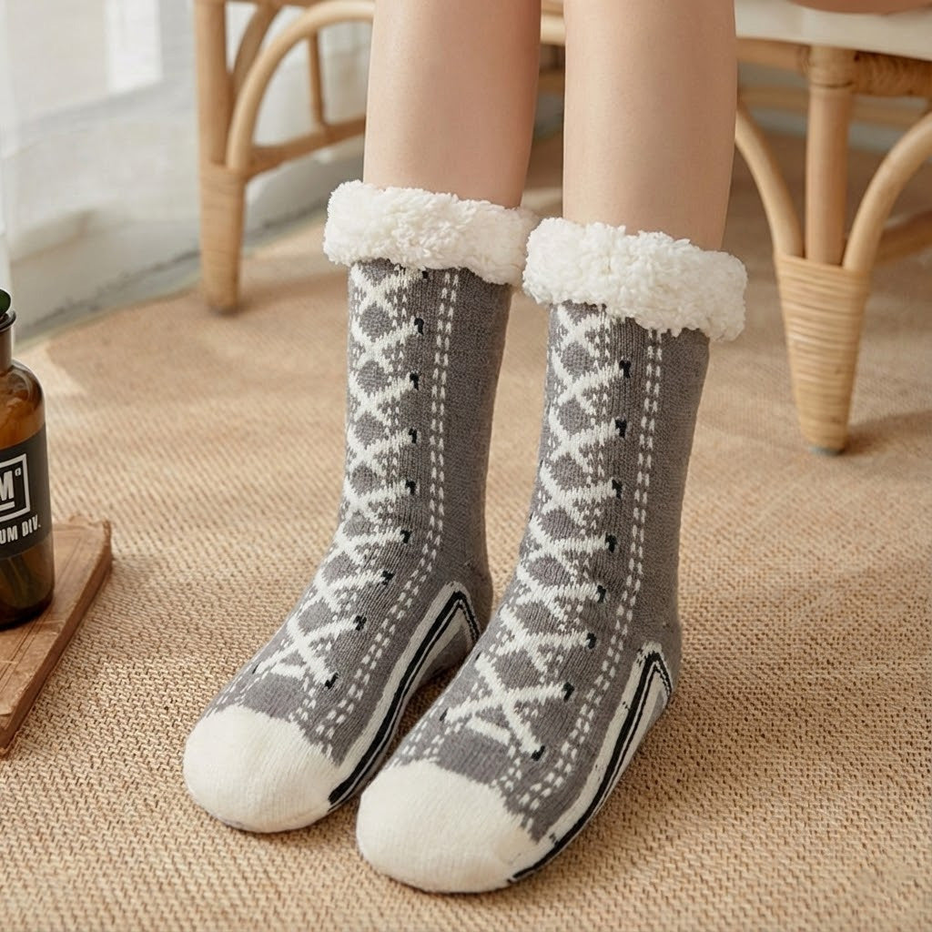 Fleece-lined sneaker-style slipper socks – grey pair on a rug