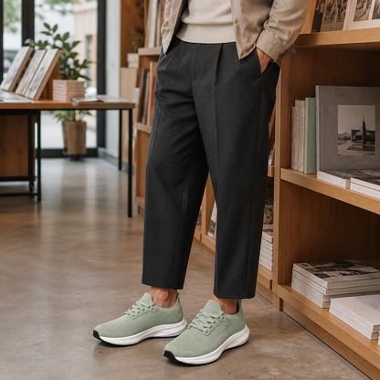 Sage green knit trainers worn in a modern bookshop