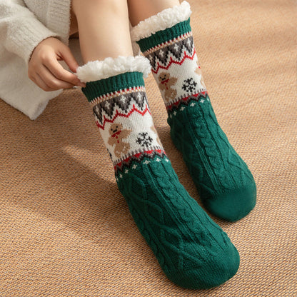 Christmas fleece-lined slipper socks – green pair with fleece cuffs