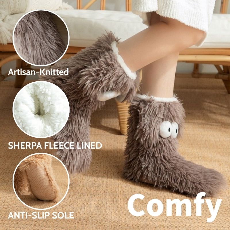 Fluffy dog slipper socks – brown pair with lining and grip details