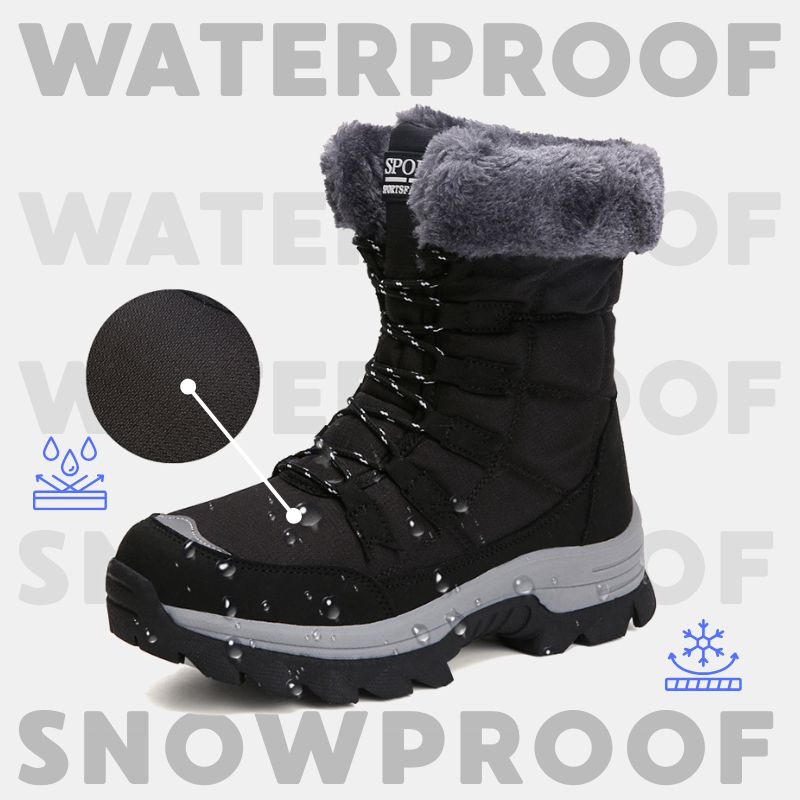Black winter boot with water droplets and winter weather graphics