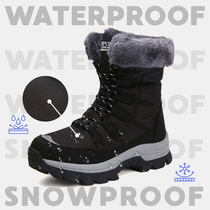 Black winter boot with water droplets and winter weather graphics