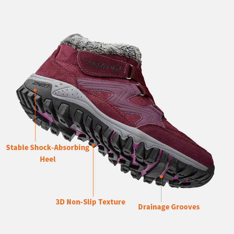 Burgundy winter boot showing the textured outsole and heel