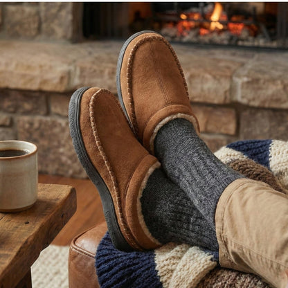 Brown moccasin slippers worn beside a fireplace