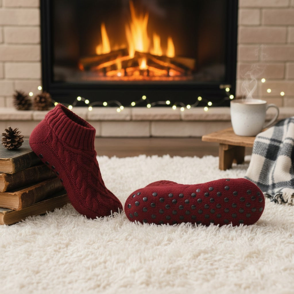 Auldweave women's knitted non-slip indoor slippers – burgundy pair showing sole grips beside a fireplace
