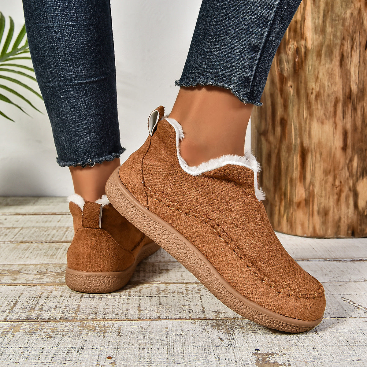 Auldweave women's fleece-lined winter slip-on shoes – tan shoes shown from the back and side