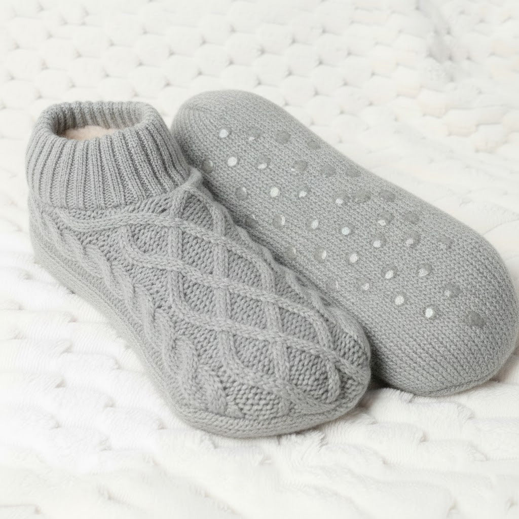 Auldweave women's knitted non-slip indoor slippers – grey pair with non-slip sole detail
