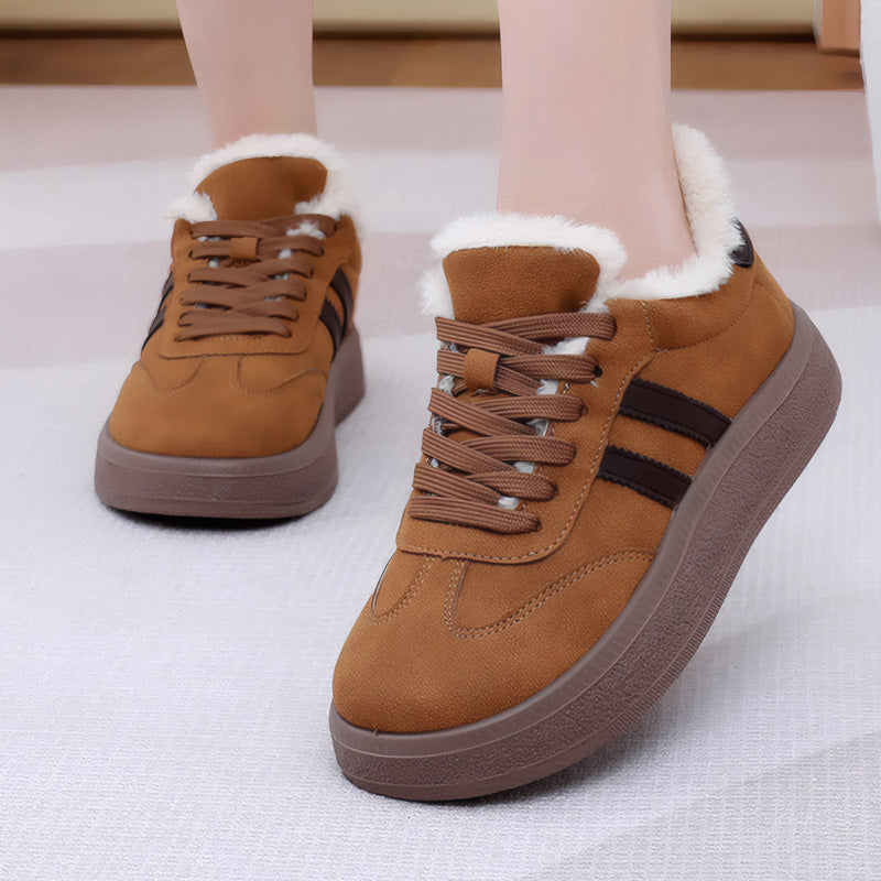 Auldweave women's fleece-lined suede trainers – tan trainers worn from the front