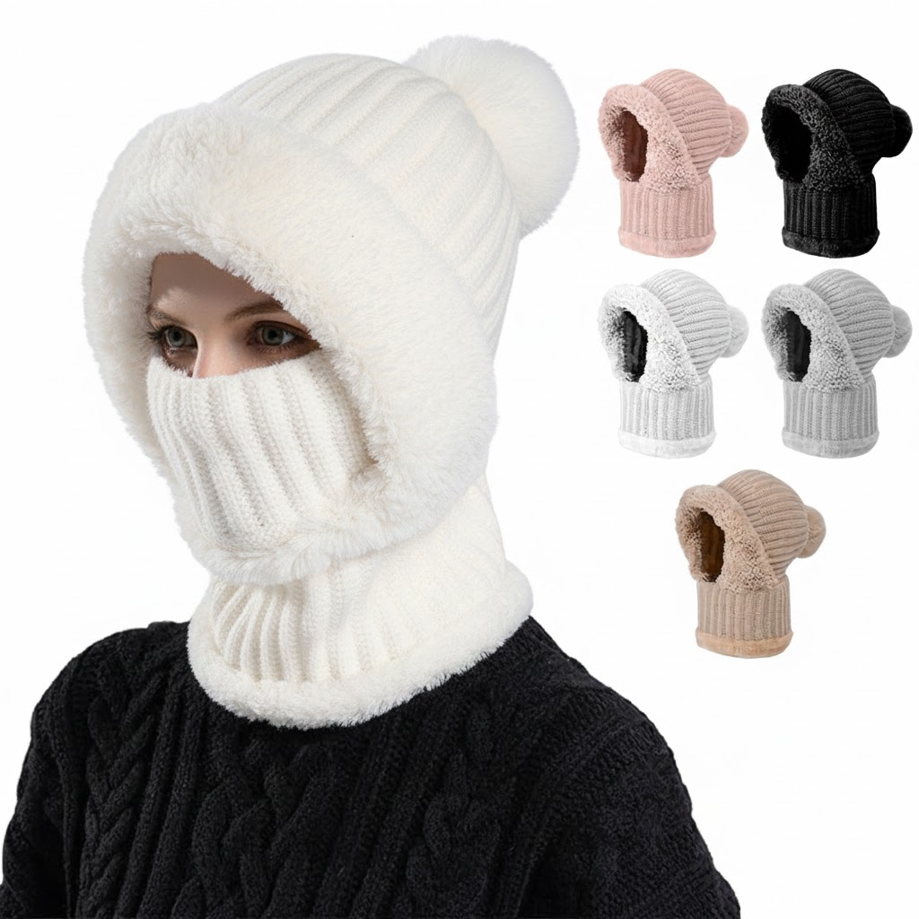 Three-in-one fleece-lined winter hood – white hood worn with face cover raised