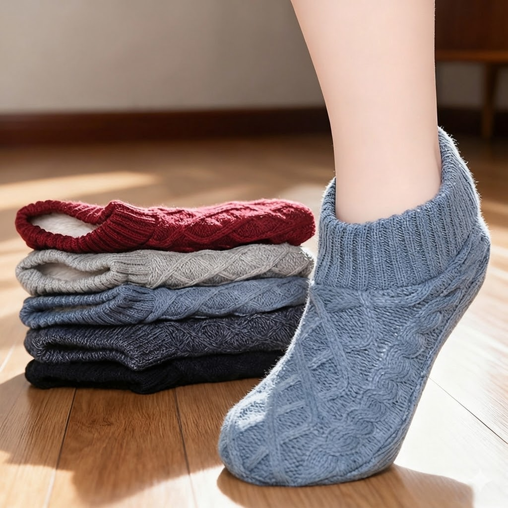 Auldweave women's knitted non-slip indoor slippers – stacked colour options with light blue slipper worn