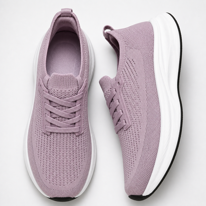 Dusty mauve wide toe knit trainers in top and side studio views