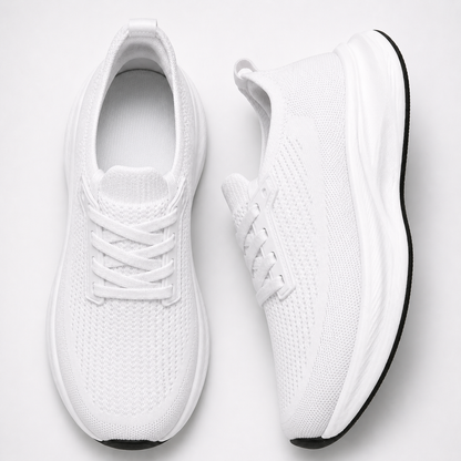 White wide toe breathable knit trainers in top and side studio views