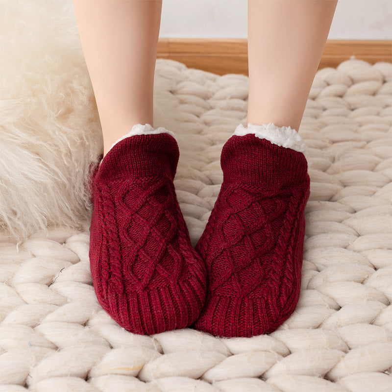 Auldweave unisex soft fleece-lined slipper socks – burgundy pair worn indoors