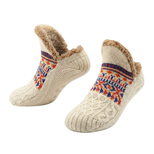 Auldweave warm fleece-lined slipper socks – cream pair with knitted pattern and plush cuffs