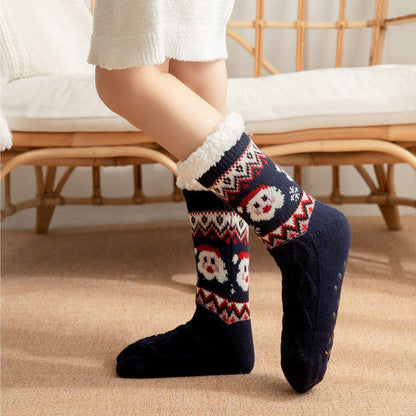Christmas fleece-lined slipper socks – dark pair side view on feet