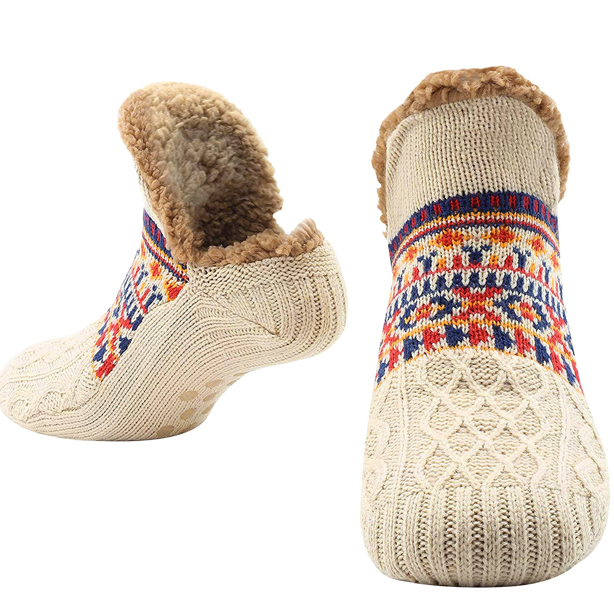 Auldweave warm fleece-lined non-slip slipper socks – cream pair in front and sole views