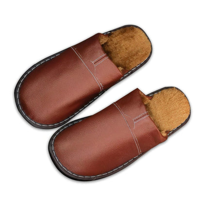 Auldweave warm wide fit leather slippers – brown pair viewed from above
