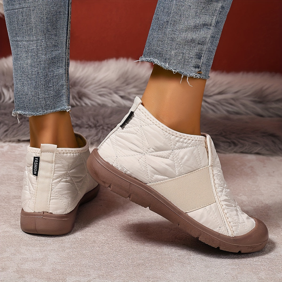 Fleece-lined slip-on ankle boots – cream pair rear and side views