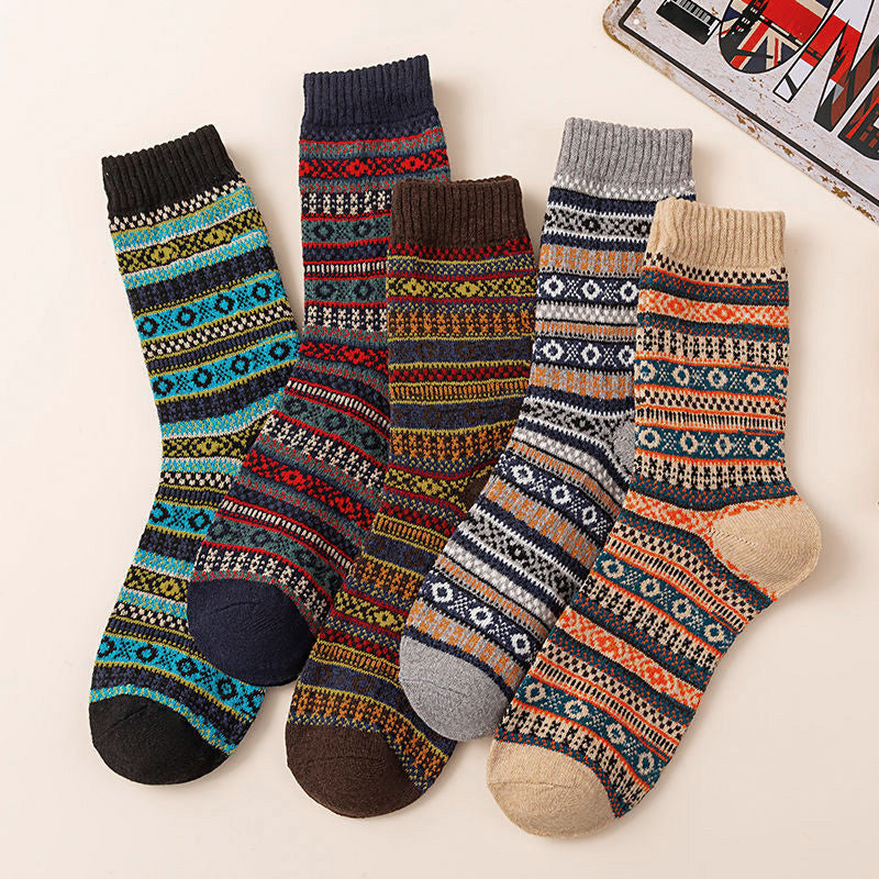 Five-pair Nordic-pattern winter socks – bright geometric five-pair assortment