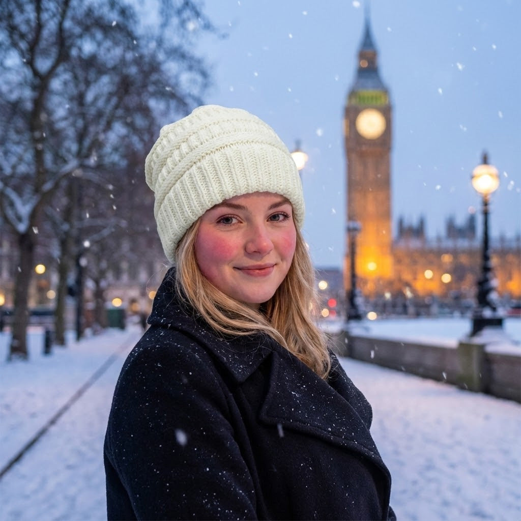 Cable-knit winter beanie – cream beanie worn near Big Ben