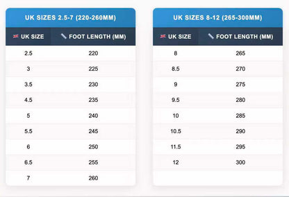 UK footwear size chart matching sizes 2.5–12 to foot lengths of 220–300 mm